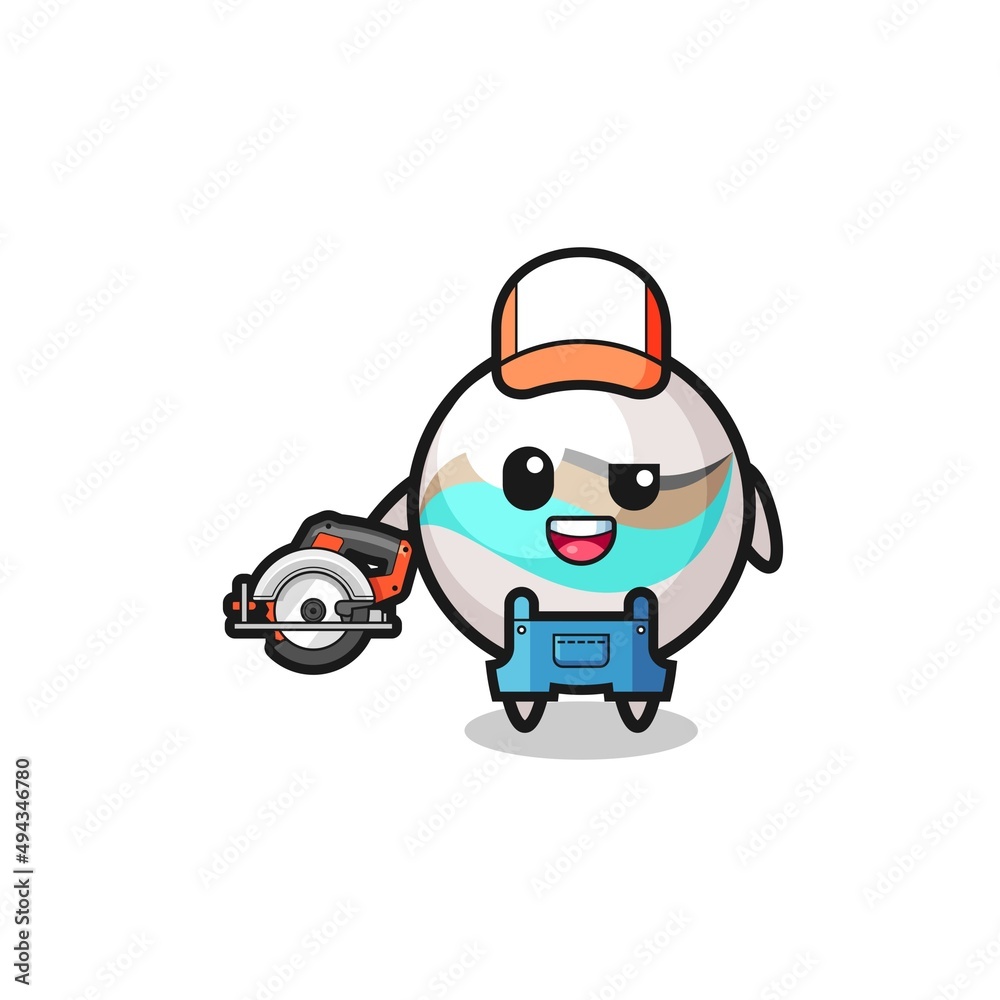Fototapeta premium the woodworker marble toy mascot holding a circular saw