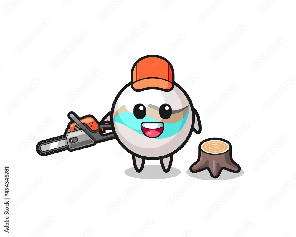 marble toy lumberjack character holding a chainsaw