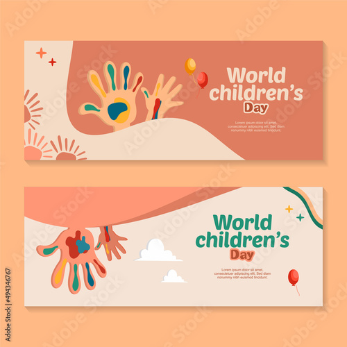 happy international children's day. hand illustration with balloons  and paper airplane.