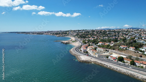 Aerial drone view of the Caxias coast in Lisbon, Portugal photo