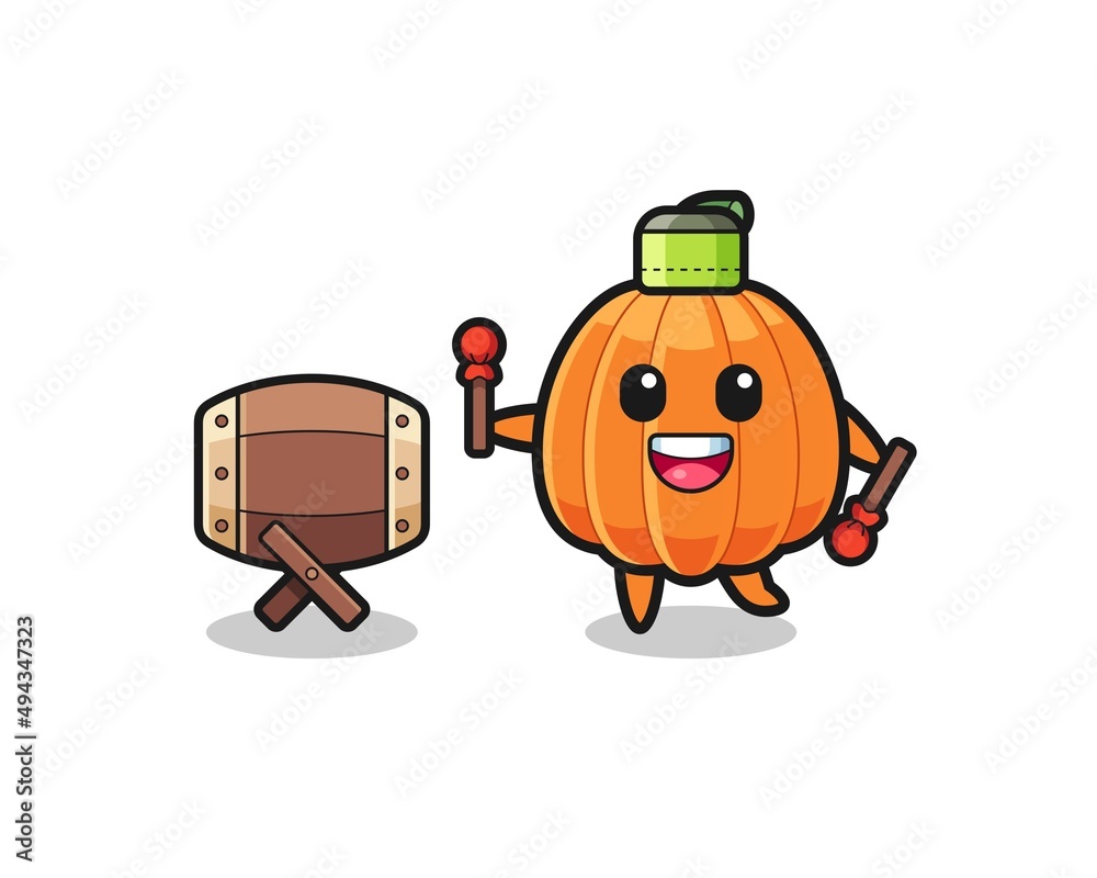 Fototapeta premium pumpkin muslim cartoon is beating the bedug