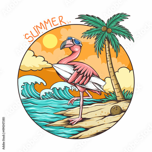 Flamingo Summer with Surfboard and Glasses
