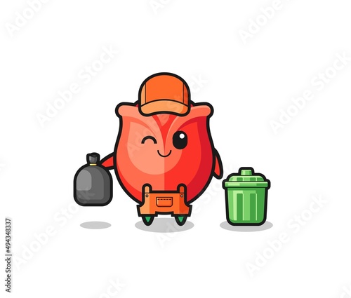 the mascot of cute rose as garbage collector