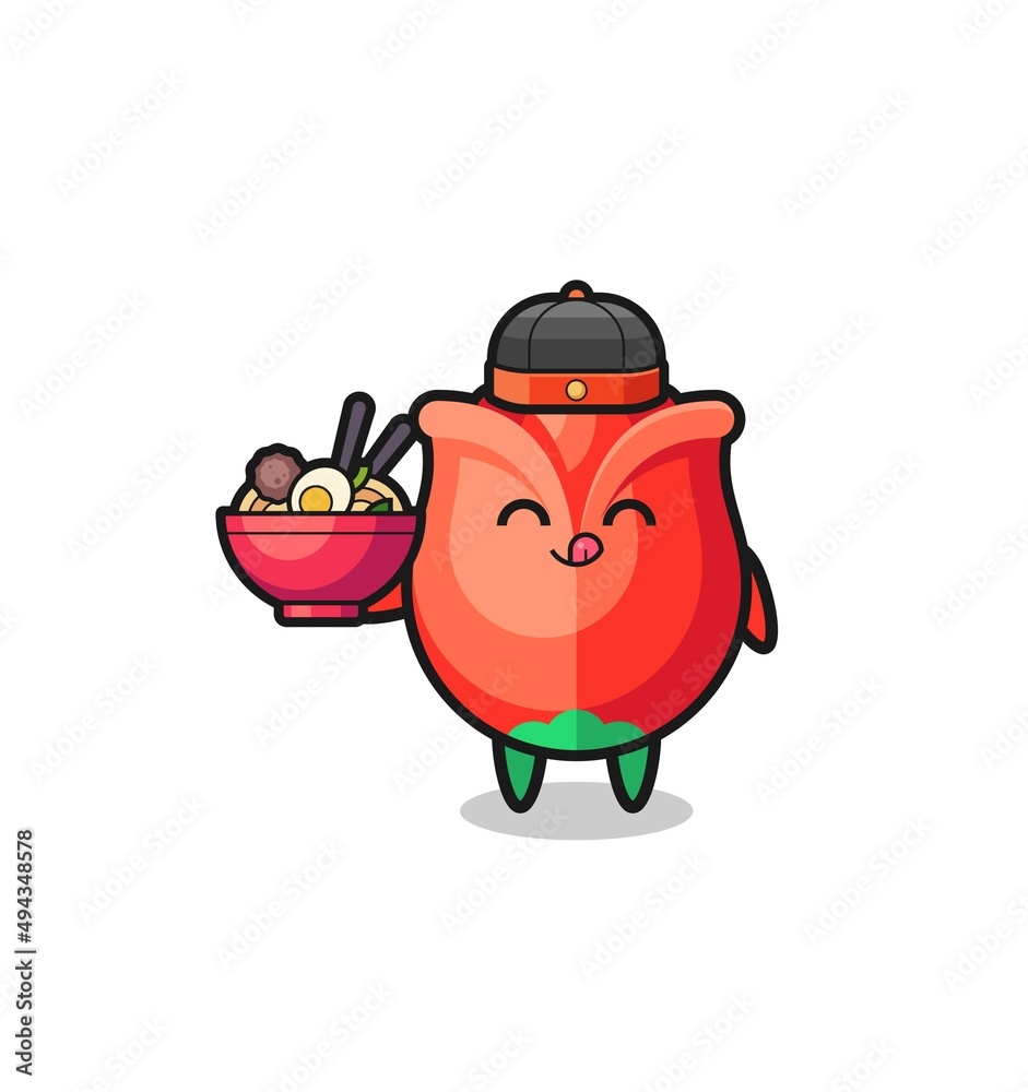 rose as Chinese chef mascot holding a noodle bowl rose as Chinese chef mascot holding a noodle bowl