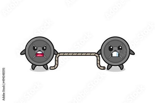 cute barbell plate character is playing tug of war game