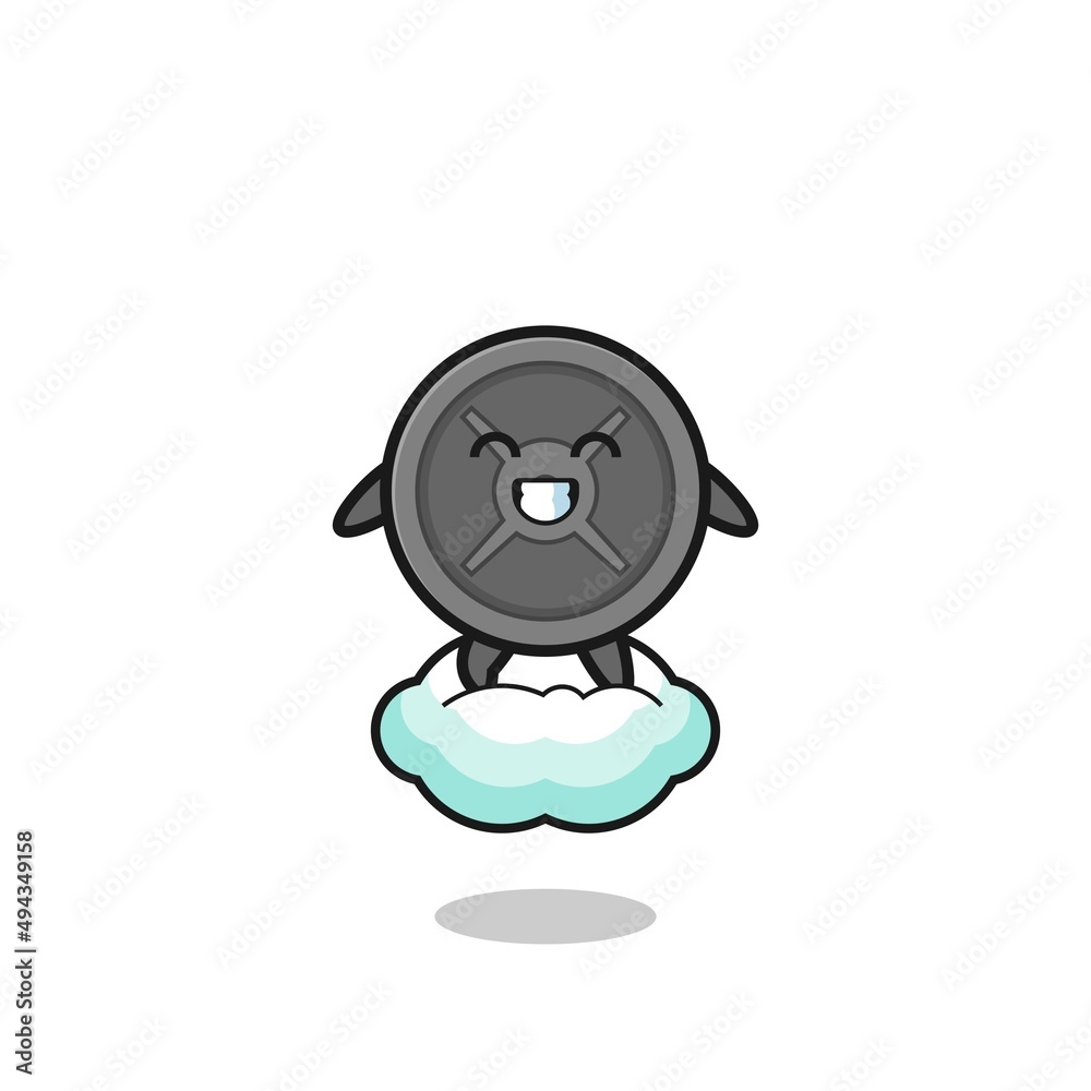 Naklejka premium cute barbell plate illustration riding a floating cloud