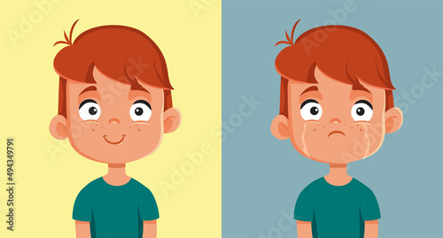 Little Boy Expressing Joy and Sadness Vector Cartoon Illustration