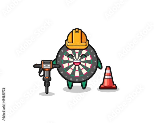 road worker mascot of dart board holding drill machine