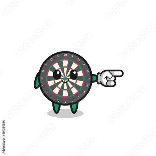 dart board mascot with pointing right gesture
