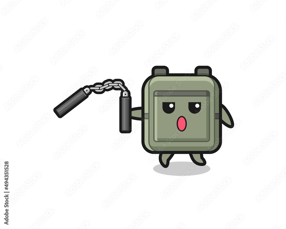 cartoon of school bag using nunchaku