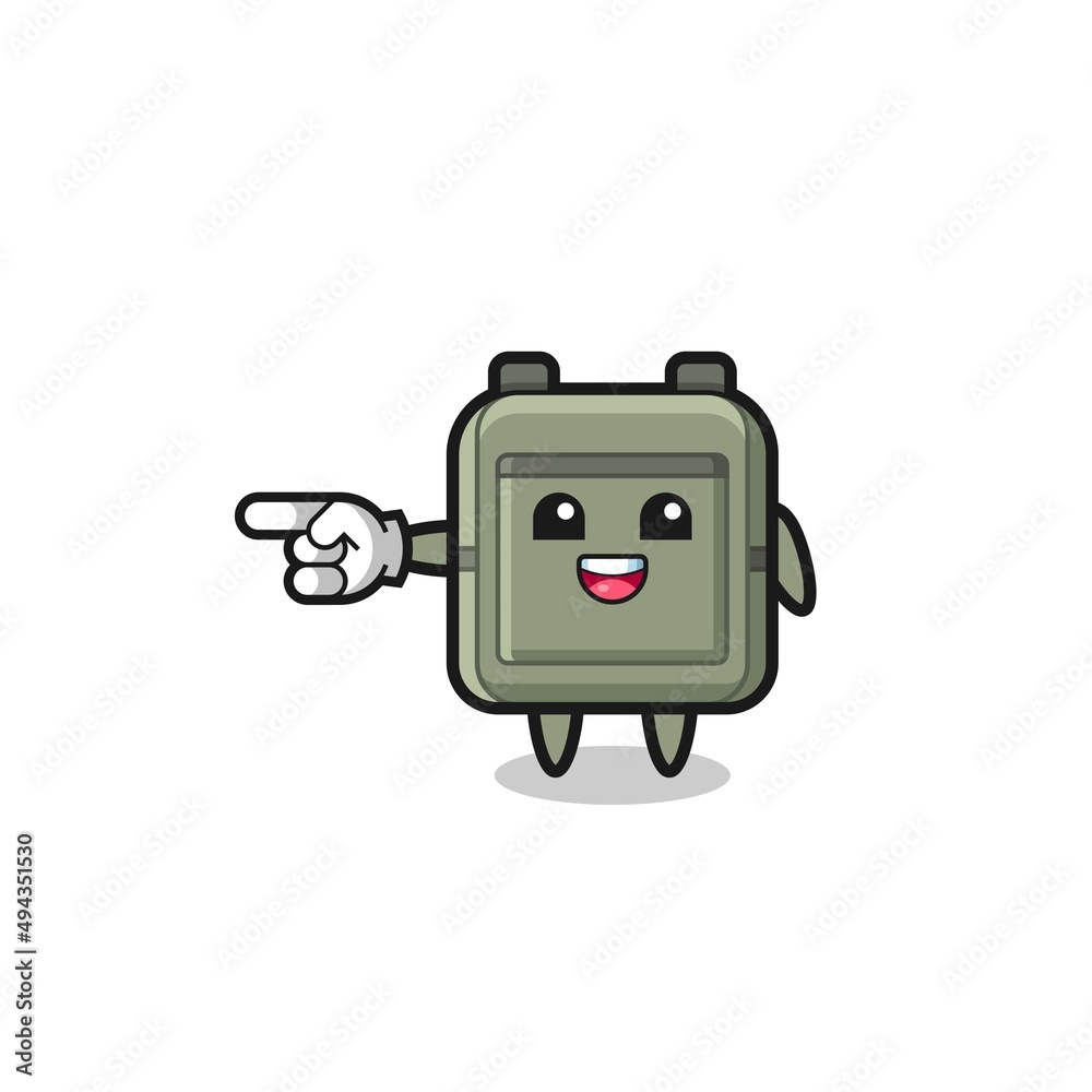 school bag cartoon with pointing left gesture