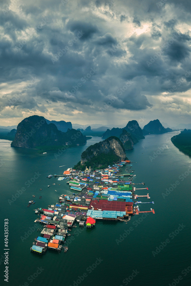 Aerial view of Ko Panyi also known as Koh Panyee, is a fishing village in Phang Nga Province, Thailand, notable for being built on stilts by Malay fishermen.