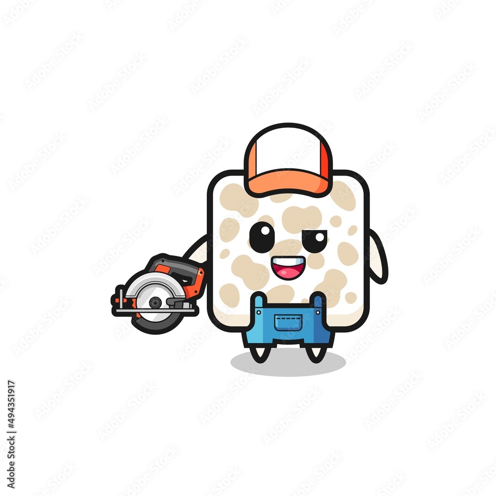 the woodworker tempeh mascot holding a circular saw the woodworker tempeh mascot holding a circular saw
