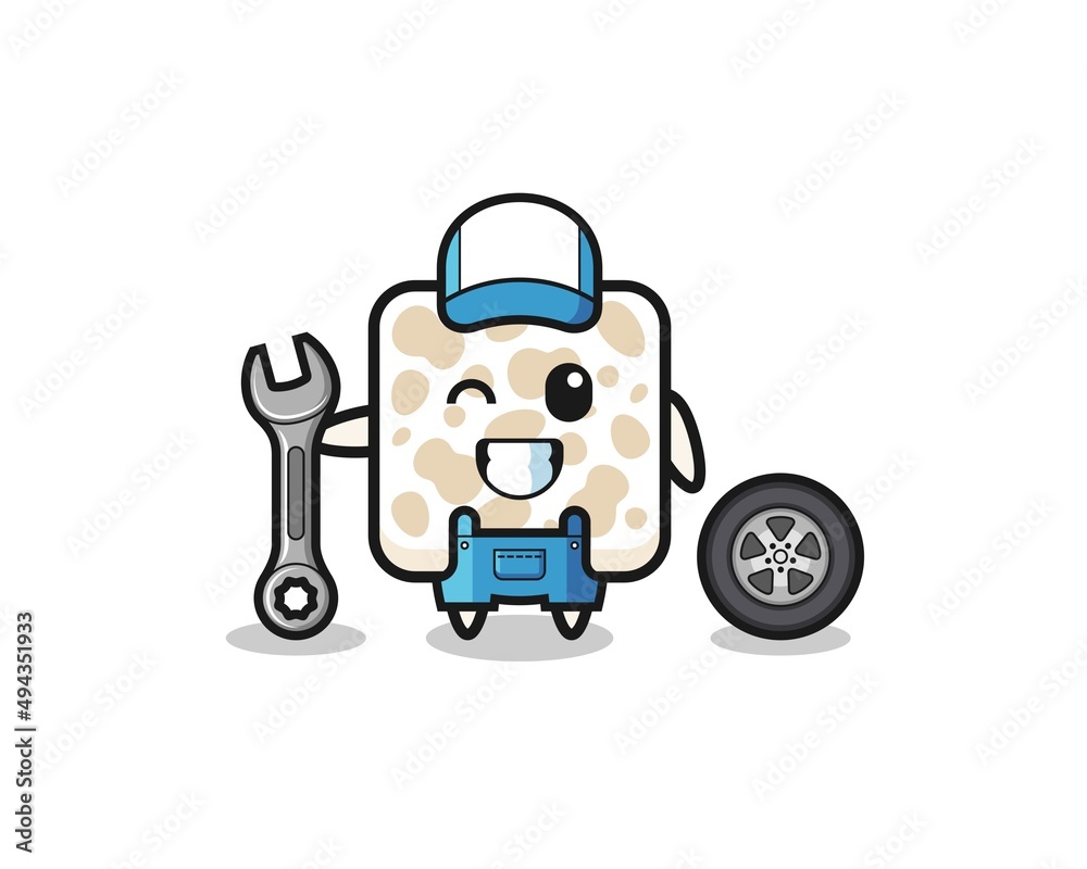 the tempeh character as a mechanic mascot