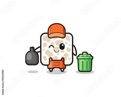 the mascot of cute tempeh as garbage collector