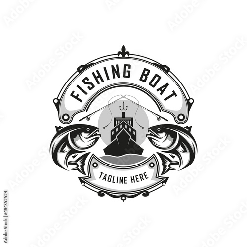 Fishing logo, vintage logo design with boat and two fish vector illustration