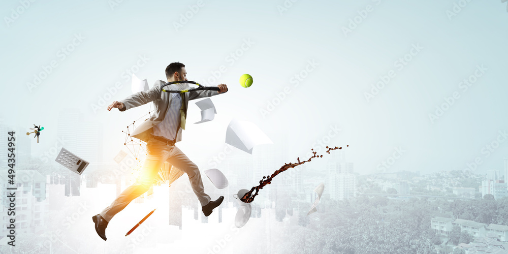 Businessman playing tennis . Mixed media Businessman playing tennis . Mixed media