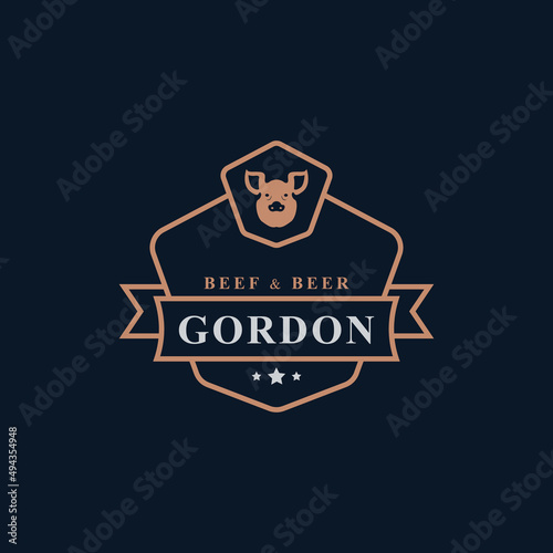 Vintage Retro Badge Grill Restaurant Barbecue Steak House Menu Emblem and Food Silhouettes Typography Logo Design