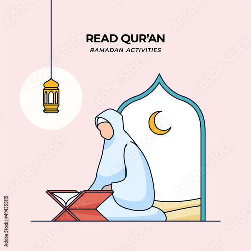 muslim girl read quran holy book of islam for ramadan activity vector illustration poster banner photo