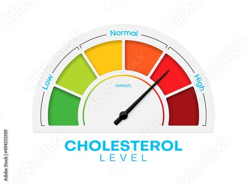 Cholesterol level meter with high and low fat test, vector blood risk and good or bad health control. Cholesterol level meter gauge with arrow indicator for healthcare and heart heath analysis