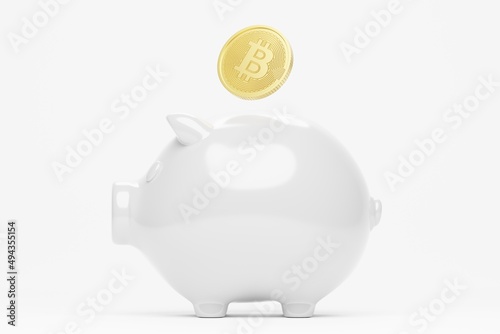 3D rendering piggy bank with gold Bitcoin, Cryptocurrency technology digital money investment advisor profit saving concept design on white background with copy space