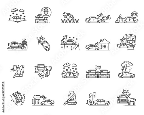 Car crash line icons of accident, damage, collision, failure, obstacle and disaster vector signs. Auto insurance isolated symbols with road traffic vehicle, broken automobiles and motorcycle