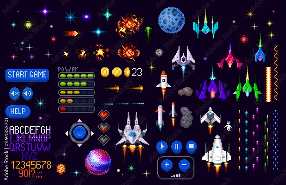 Space game asset 8 bit pixel art. Galaxy planets, rockets, starcraft, font and pixel art interface vector buttons. Retro arcade game spaceships, stars, explosion sprite effect and astronaut objects - obrazy, fototapety, plakaty 
