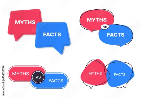 Myths vs facts vector icons. Truth and false badges of isolated blue and red speech bubbles or word balloons with versus symbols, fake and true, reality and fiction, myth and fact