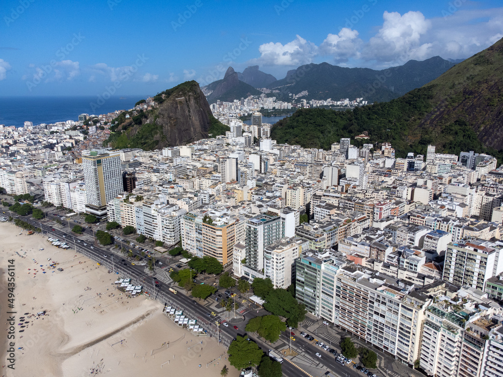 Copacabana beach, Rio de Janeiro, Brazil. Beautiful seaside town with old white buildings. Drone aerial view.