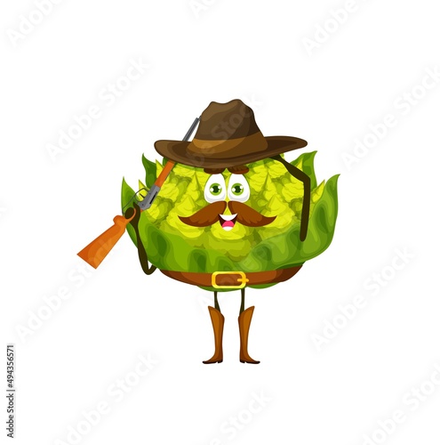 Cartoon romanesco cabbage ranger character, vector kids vegetable personage. Funny romanesco cabbage vegetable with mustaches in sheriff or Western cowboy hat with rifle gun and bandoleer belt