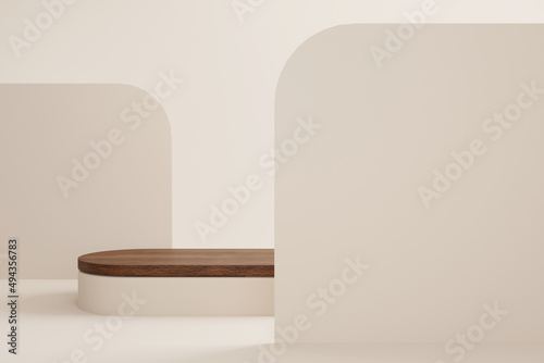 Abstract minimal scene with wooden podium and backdrop in studio lighting beige background. Product presentation showcase, Mock up stage, Cosmetic product display, Podium, stage pedestal. 3d rendering
