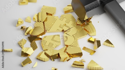 3D rendering gold Bitcoin Break down with hammer fall, Cryptocurrency investment technology digital money crash crisis concept design on white background animation 4K footage