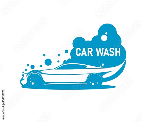 Car wash service icon for clean auto carwash, vector water and vehicle sign. Automobile washing or car wash express and self service emblem with blue silhouette of sportcar and foam bubbles