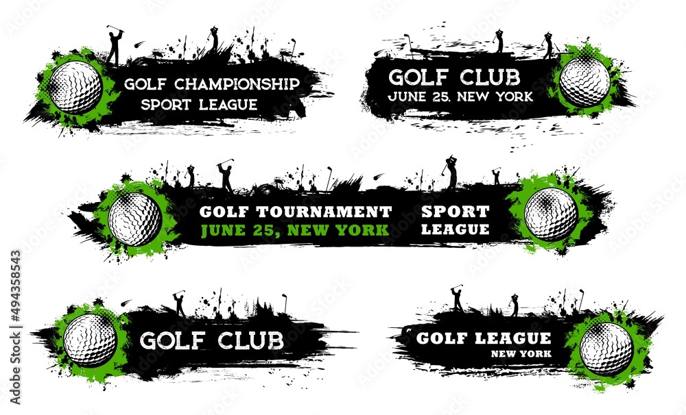Golf sport club and players grunge banners for championship and tournament, vector halftone design. Golf club and golfer team league contest banners with golf stick and ball