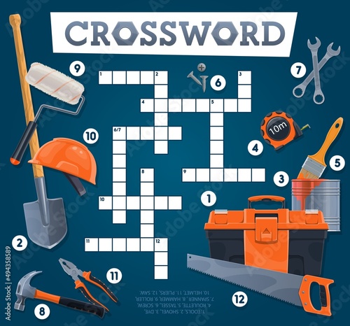 DIY tools crossword grid worksheet. Find a word quiz game, children intellectual puzzle or vocabulary game riddle. Children playing activity with house repair, construction hand tools and equipment