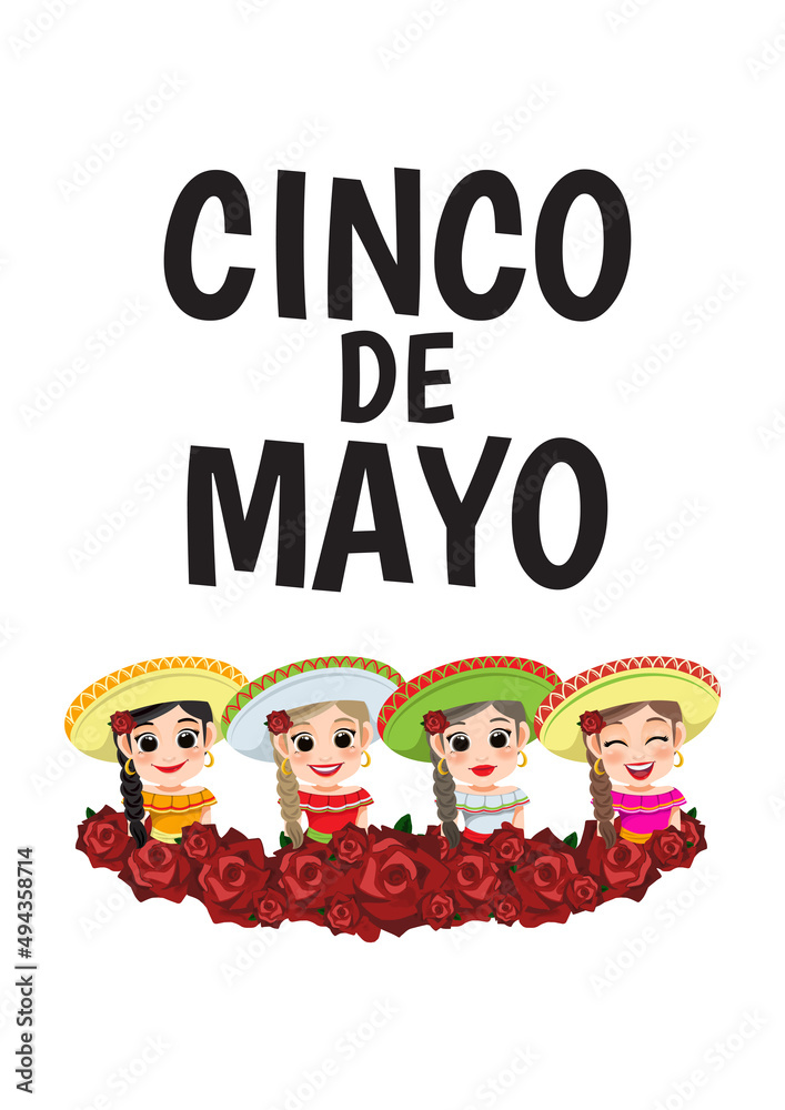 Cinco de Mayo - May 5, federal holiday in Mexico. Cinco de Mayo banner and logo design with mexican girl cartoon character vector