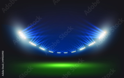 Football arena field with bright stadium lights vector design. Vector illumination