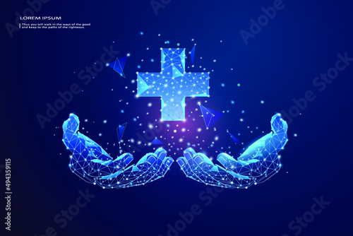 Abstract 3d hands holding virtual medical network connection icons. Covid-19 pandemic develop people awareness and spread attention on their healthcare, rising growth in hospital