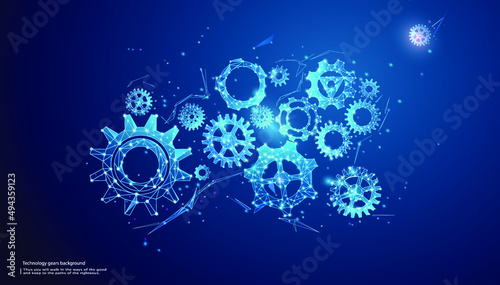 Abstract vector gear wheels in dark blue. Cogs and gear wheel mechanisms wireframe. Engineering or mechanical technology concept.