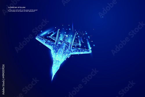 Fighter jet. Low poly fighter in motion, lines and connected to form, vector illustration.