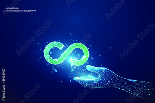 Hand holding circular economy icon. reuse design and renewable material resources. 