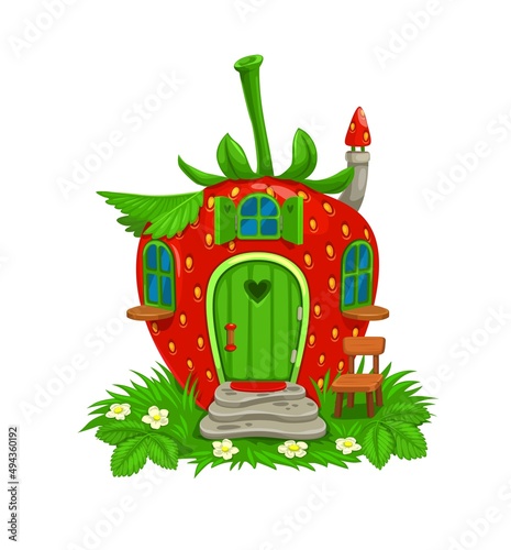 Cartoon fairytale strawberry house, vector berry dwelling for fairy, elf enchantress or gnome. Cute fantasy home building with wooden door, windows, stone stairs and chimney on roof with green leaves