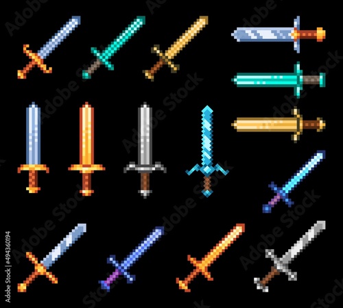 Pixel game swords weapon, game asset. Vector vintage pixel art 8bit elements, medieval fantasy blades. Retro sprite magic daggers, computer graphic 2d objects, knight or viking armor isolated set