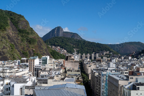 Copacabana beach, Rio de Janeiro, Brazil. Beautiful seaside town with old white buildings. Drone aerial view.