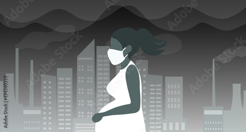 Pregnant woman wearing protective mask with city buildings and smoke dusts floating in the air.  PM2.5 pollution and covid-19  protection concept for pregnancy vector illustration.
