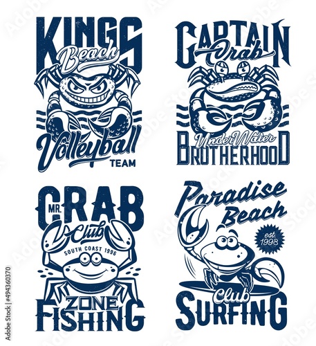 Surfing and fishing club, beach volleyball team t-shirt print with crab mascot. Angry and happy crabs character clenching teeth, smiling and clicking claws engraved vector. Coast leisure apparel print