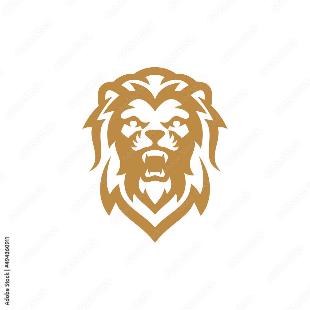 Roaring angry lion head with hair or mane logo design. Lion face outline line art vector icon
