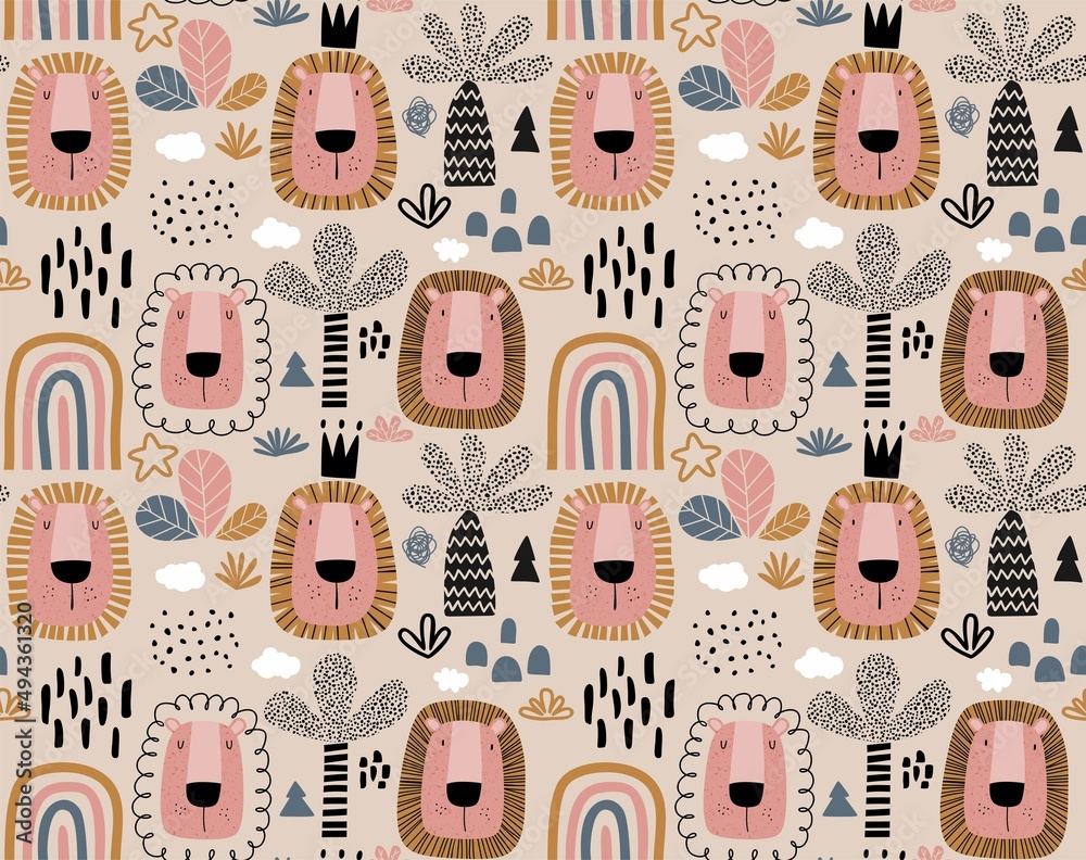 Seamless pattern with cute cartoon lion.