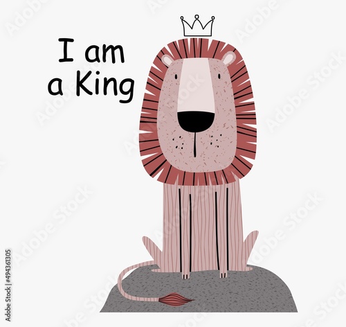 a cute funny lion in a crown. Isolated objects on white background. Scandinavian style flat design. Concept for children print.