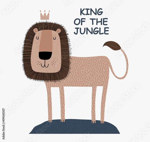 a cute funny lion in a crown. Isolated objects on white background. Scandinavian style flat design. Concept for children print.